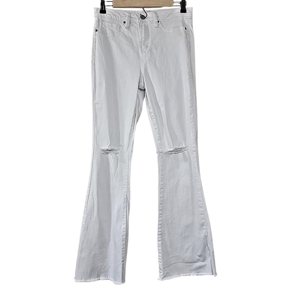 YMI Juniors 9/29 White High Rise Flare Jeans Distressed Stretch Frayed Hem